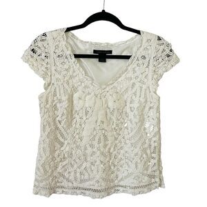 Anne Carson Linen‎ Blend Blouse Top Womens 6 White Battenburg Lace Cap Sleeve